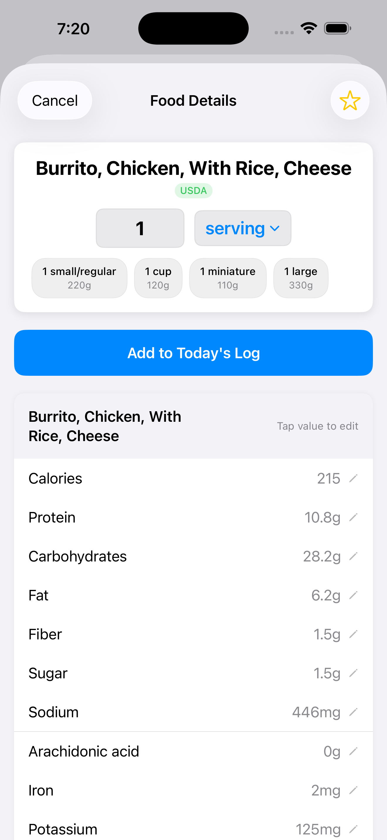 Food detail with nutrients