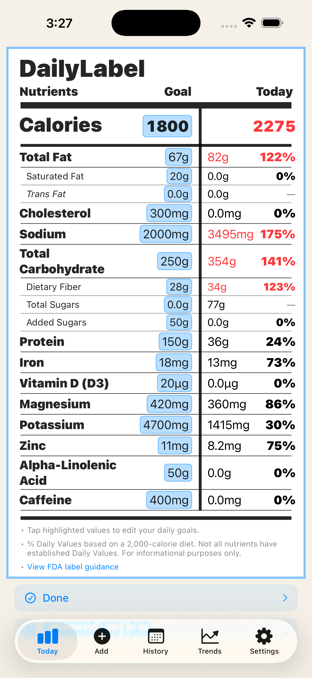 Custom nutrition goals